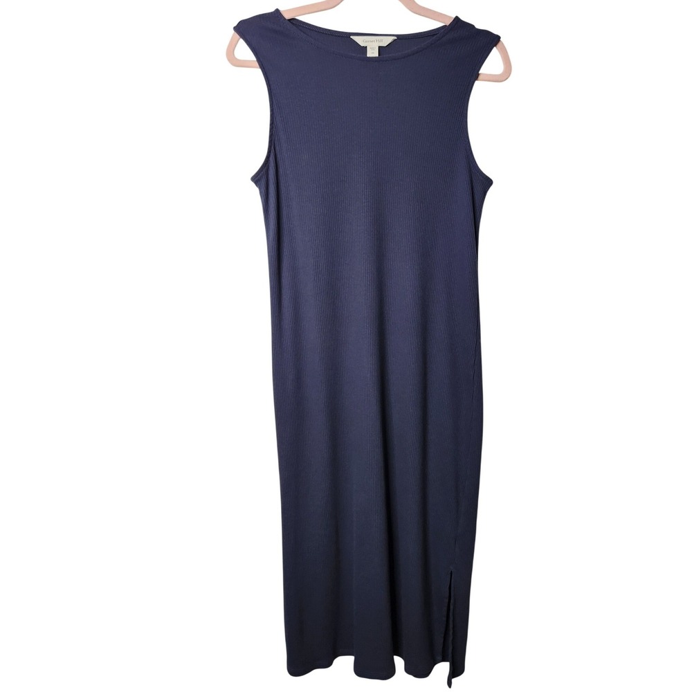 Garnet Hill Navy Ribbed Sleeveless‎ Midi Dress Organic Cotton Size XS